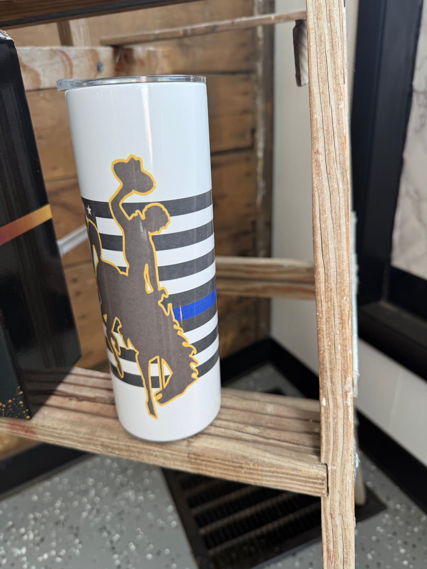 Blue Line Flag Tumbler With Wyoming Cowboy