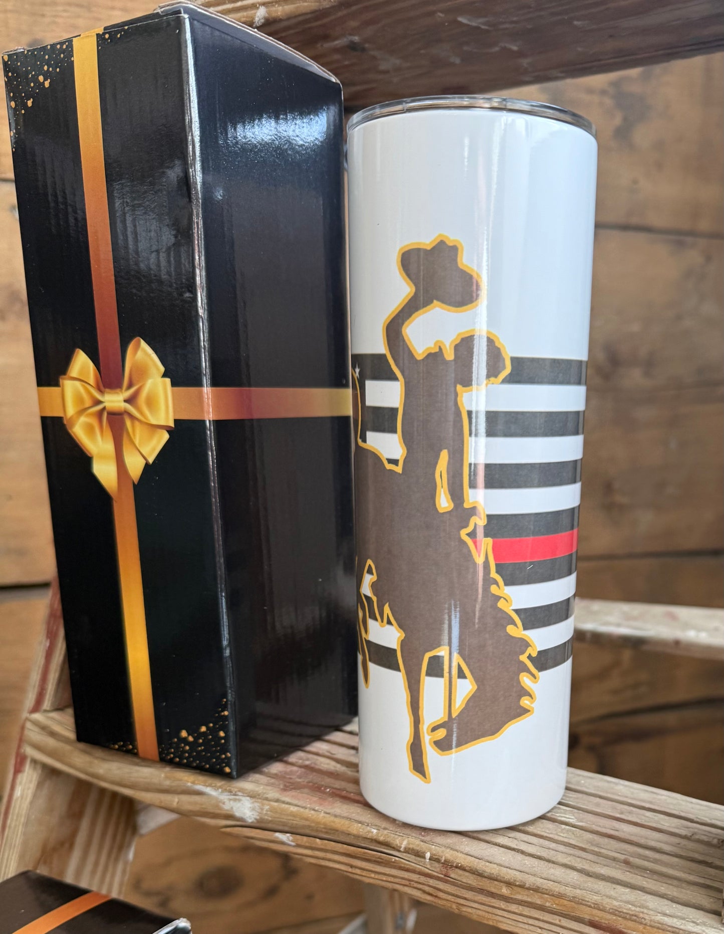 Red Line Flag Tumbler With Wyoming Cowboy